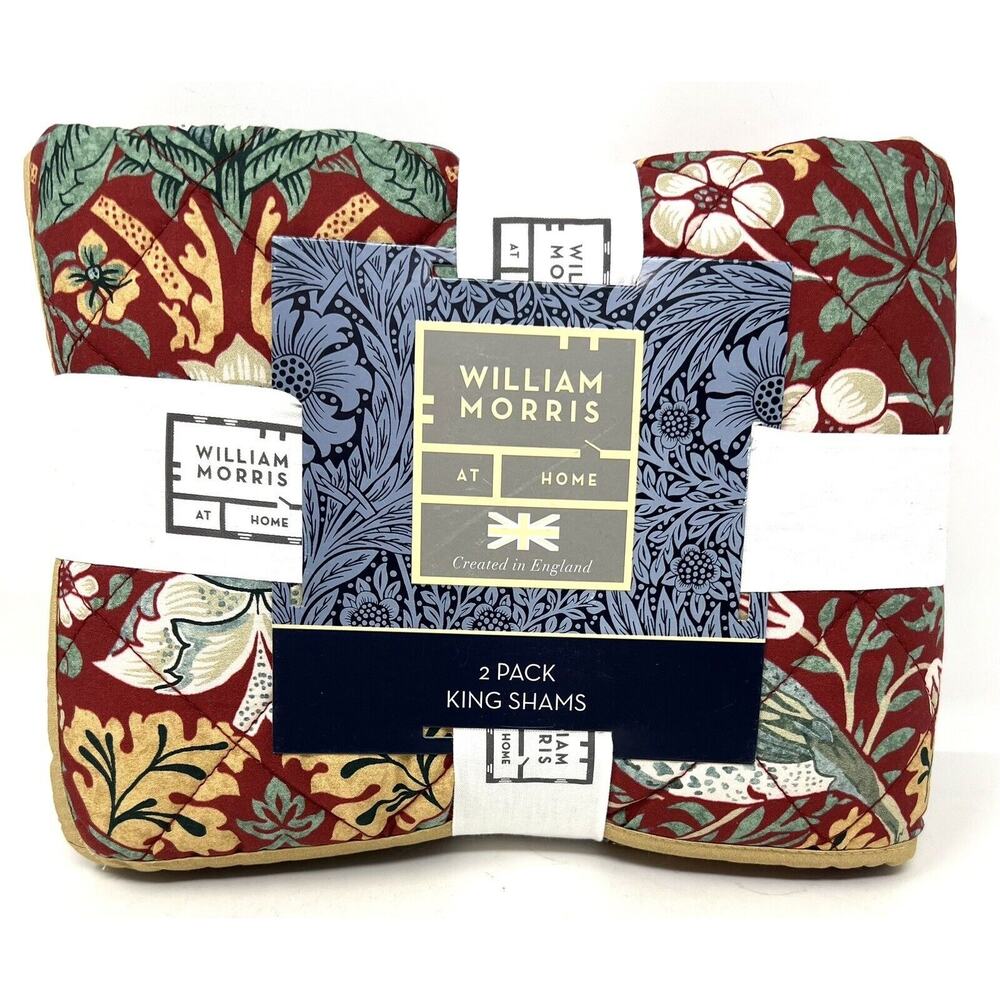 WILLIAM MORRIS Strawberry Thief Red KING Quilted Pillow Shams Set Pair Of 2